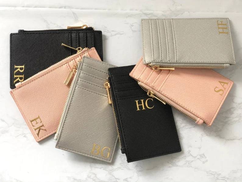 Porte-cartes monogramme personnalisé pour femme, portefeuille minimaliste personnalisé, sac à main imprimé or, cadeau de remerciement pour demoiselle d'honneur