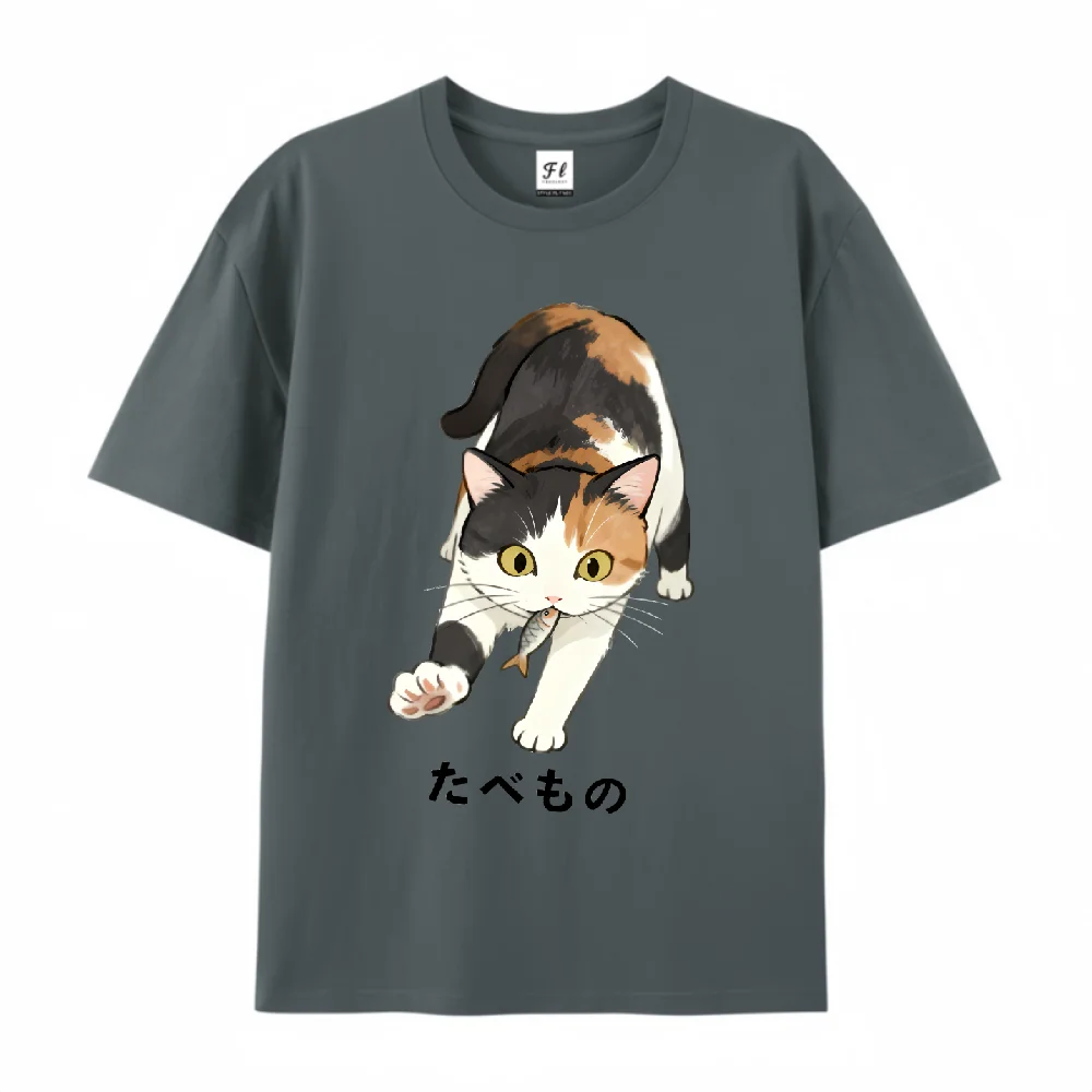 Fishing Cat Print T Shirt Unisex Oversized Soft Cotton Tee With Calico Cat Pattern Casual Short Sleeve Sweatshirt Streetwear