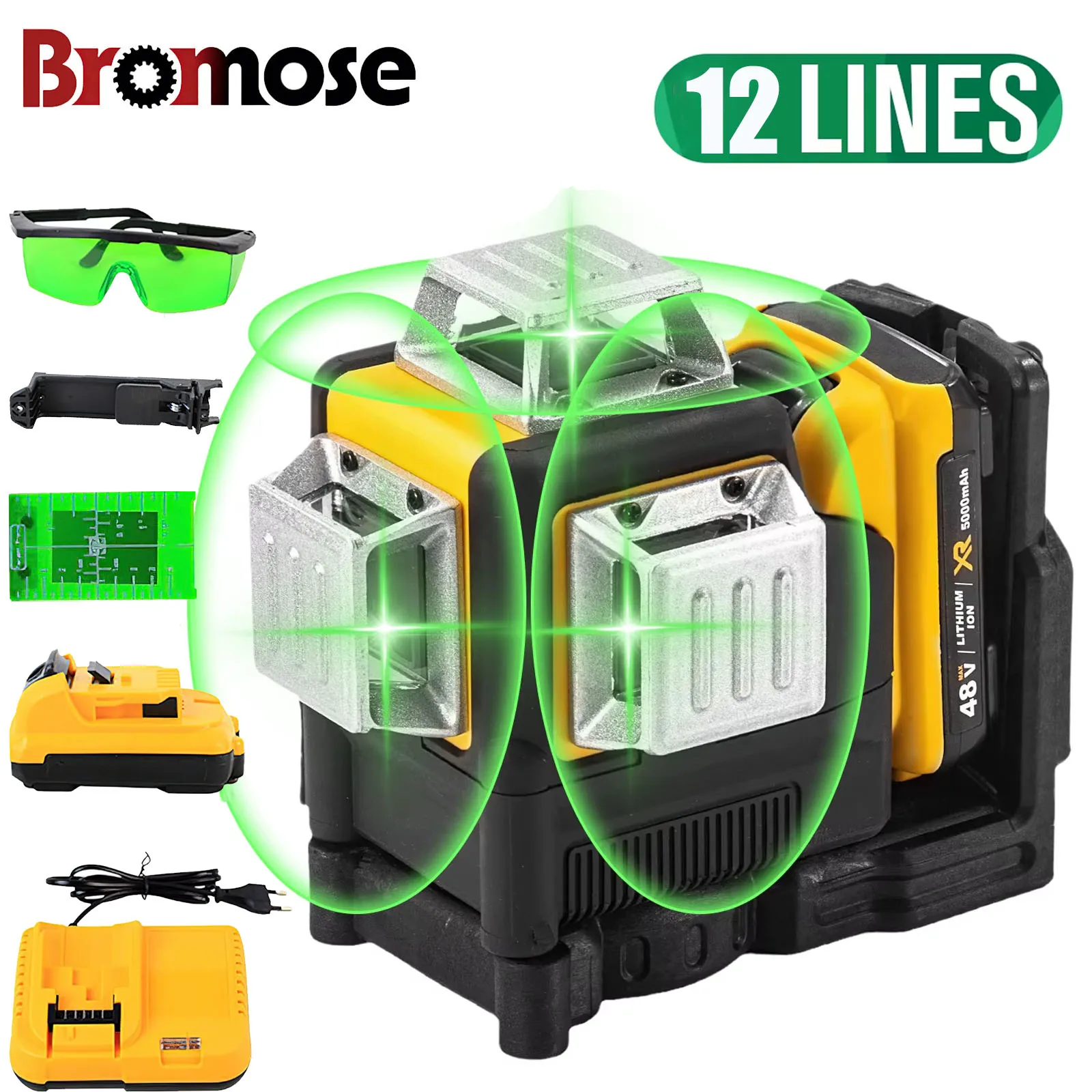 Bromose 12 Linee Livello Laser 3D Linea Verde Autolivellante 360 Orizzontale E Verticale Livello Laser Super Potente Raggio Verde