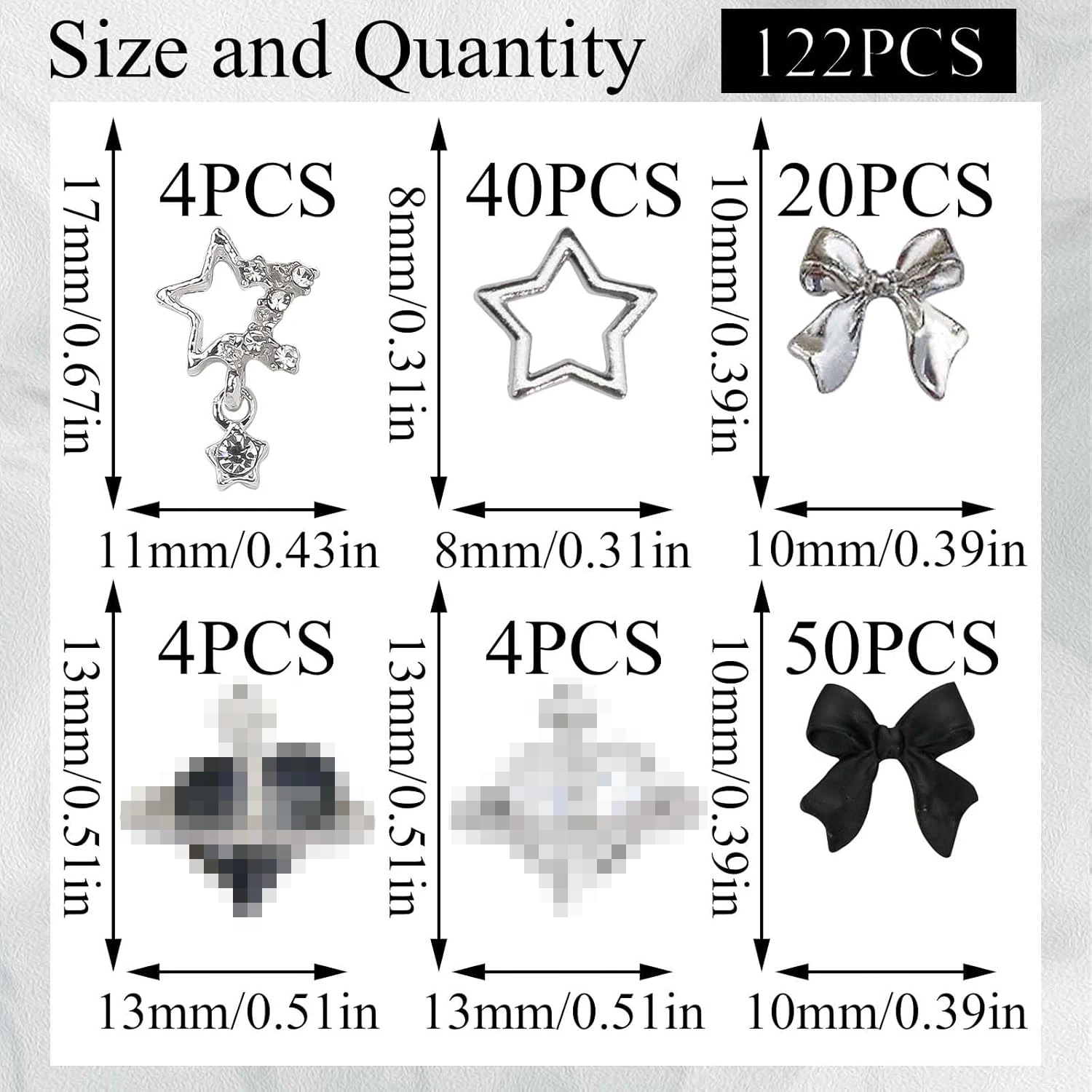 122PCS Star Nail Charms 3D Silver Nail Charms Alloy Bow Charms Crystal Starlight Black Planet Nail Charms Acrylic Bowknot