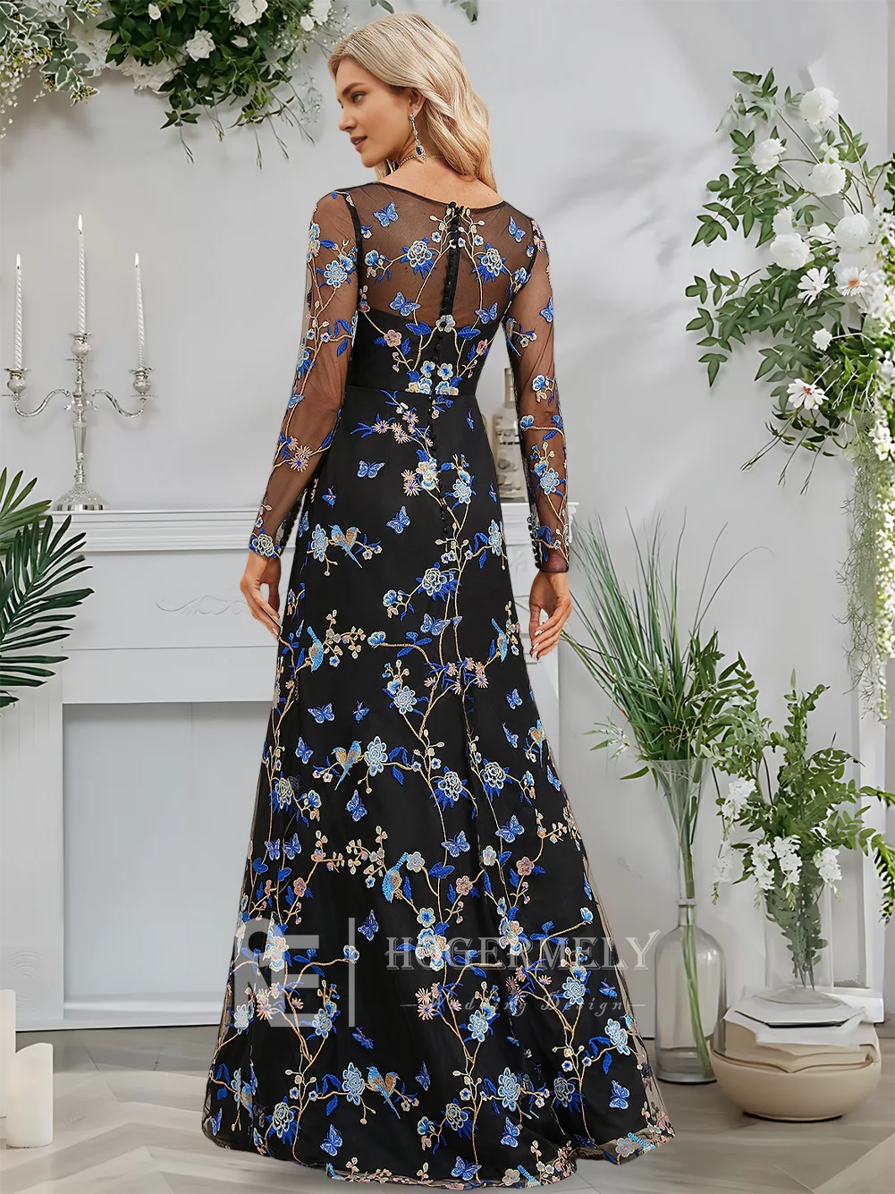 فستان سهرة أنيق للنساء 2025 طول الأرض دانتيل أسود زهري على شكل حرف a سكوب بأكمام طويلة فستان حفلة موسيقية لحفلات الزفاف