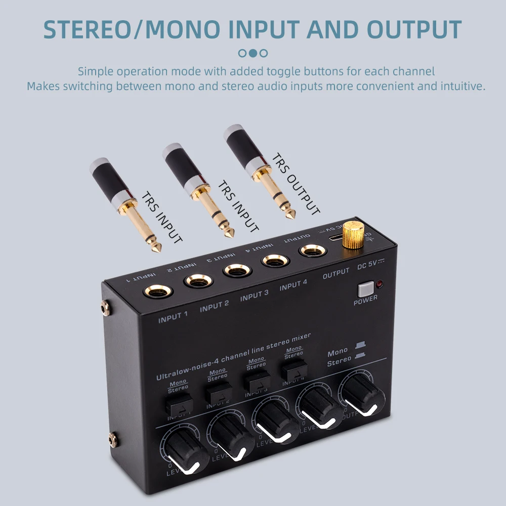 Mini Stereo Mixer MAX400 Ultralow Ruído 4 Canais Misturadores Console DC5V Com Adaptador De Alimentação para Guitarra Elétrica Tambor Piano