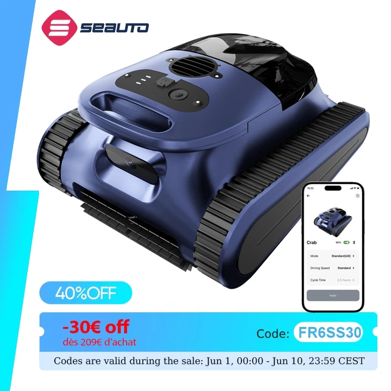 Robot nettoyeur de piscine automatique Seauto Crab 2026, robot grimpant sur les murs pour piscines jusqu'à 2000 pieds carrés, adapté aux murs et aux sols
