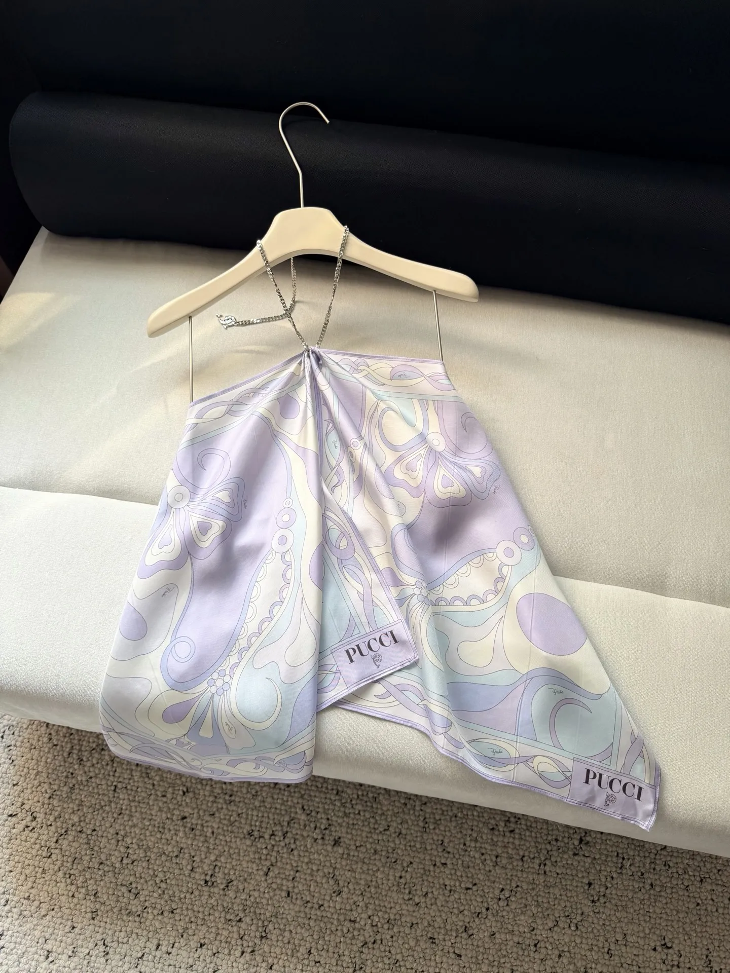 

Puc 100% Silk Boho Pastel Purple Print Halter Neck Top for Women Chain Strap Sleeveless Camisole Backless Crop Top Sexy
