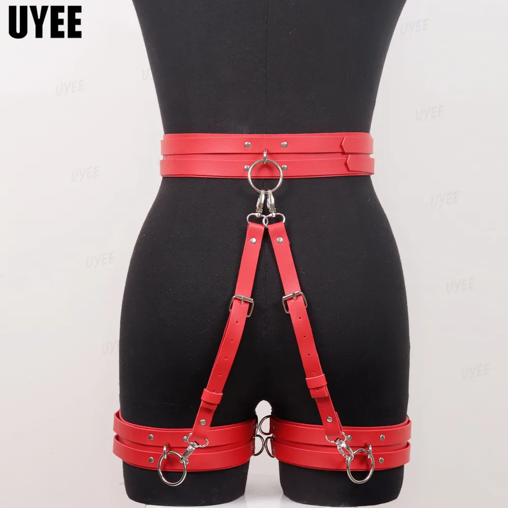 UYEE Women Garter PU Leather Harness Belt Body Bondage Corset Red Black Waist Thigh Band Leg Wraps Sexy Lingerie Gothic Cage New