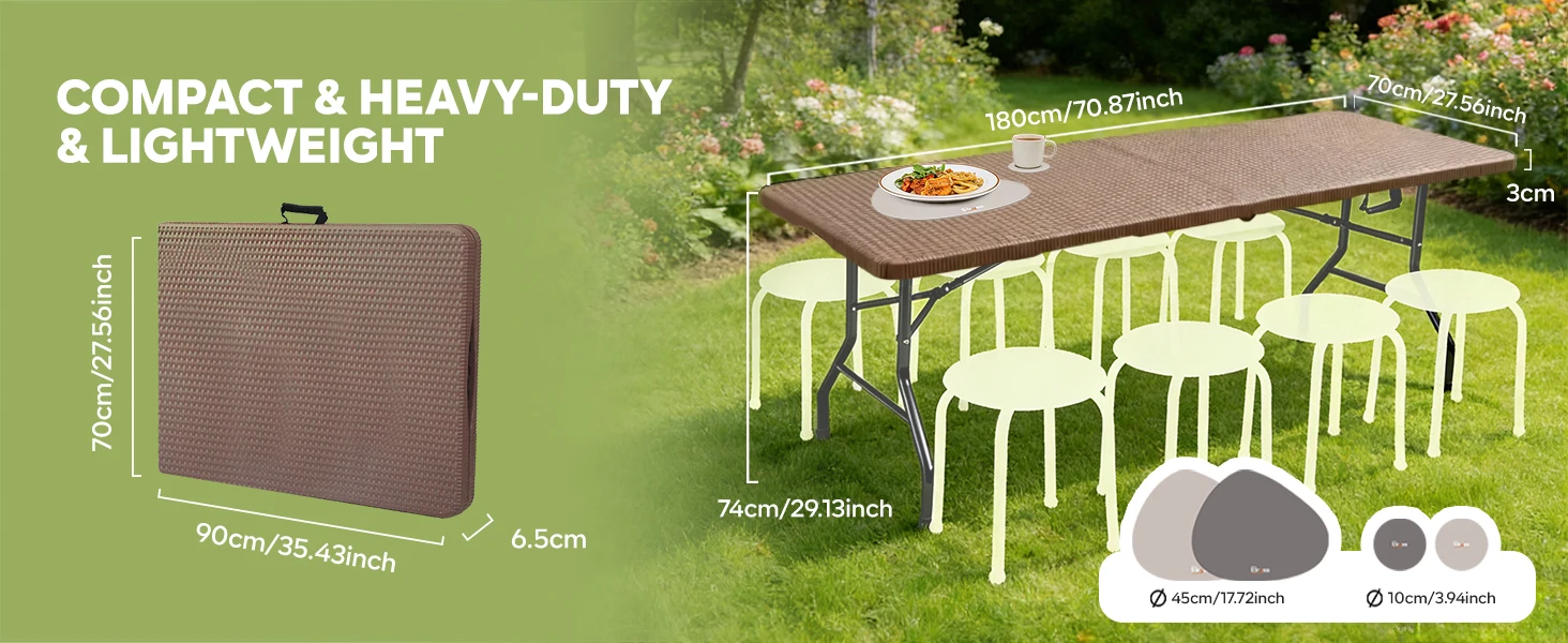 180x70cm Koffertisch Klapptisch Rattanoptik Faltbar Campingtisch für 8 Personen 150kg Stabil Gartentisch Outdoor Partytisch Braun – Detail 8
