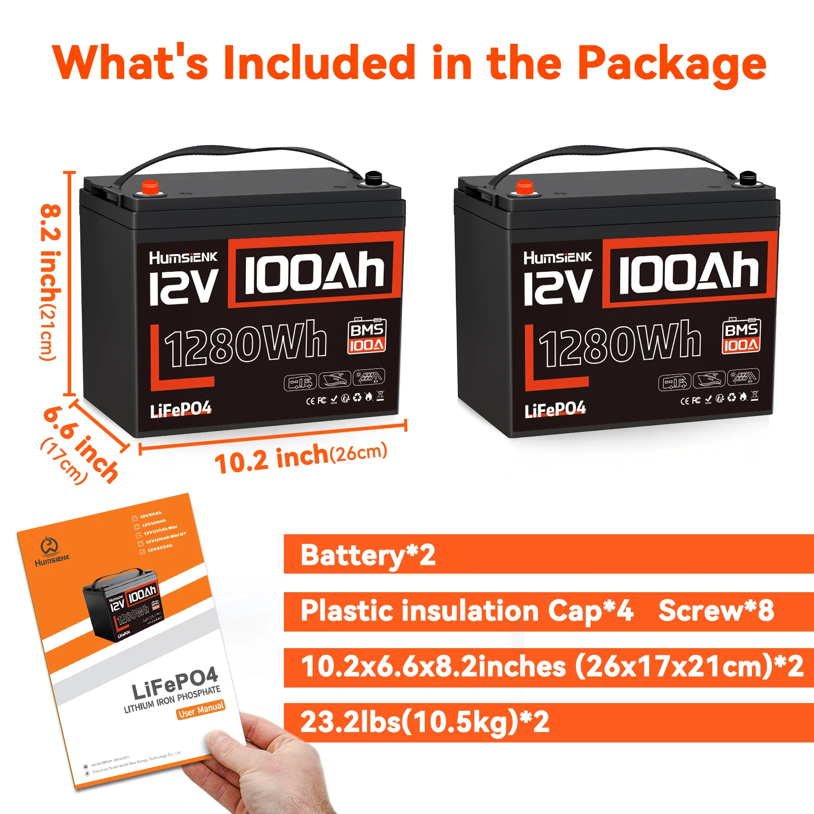 بطارية ليثيوم Humsienk LiFePO4 12 فولت 100 أمبير في الساعة مدمجة 100 أمبير BMS قابلة لإعادة الشحن لـ RV/Vans/عربة الجولف/البحرية/التخييم/ خارج الشبكة