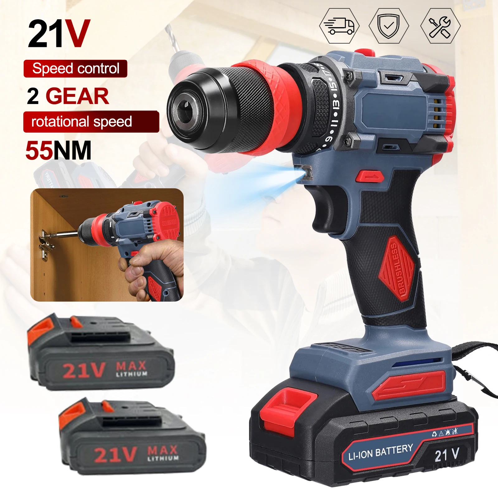 Cacciavite elettrico senza spazzole 21V, trapano ad alta coppia 55N·m con controllo a 2 velocità, interruttore avanti/indietro/blocco, luce da lavoro a LED, sistema di raffreddamento multi-vano,