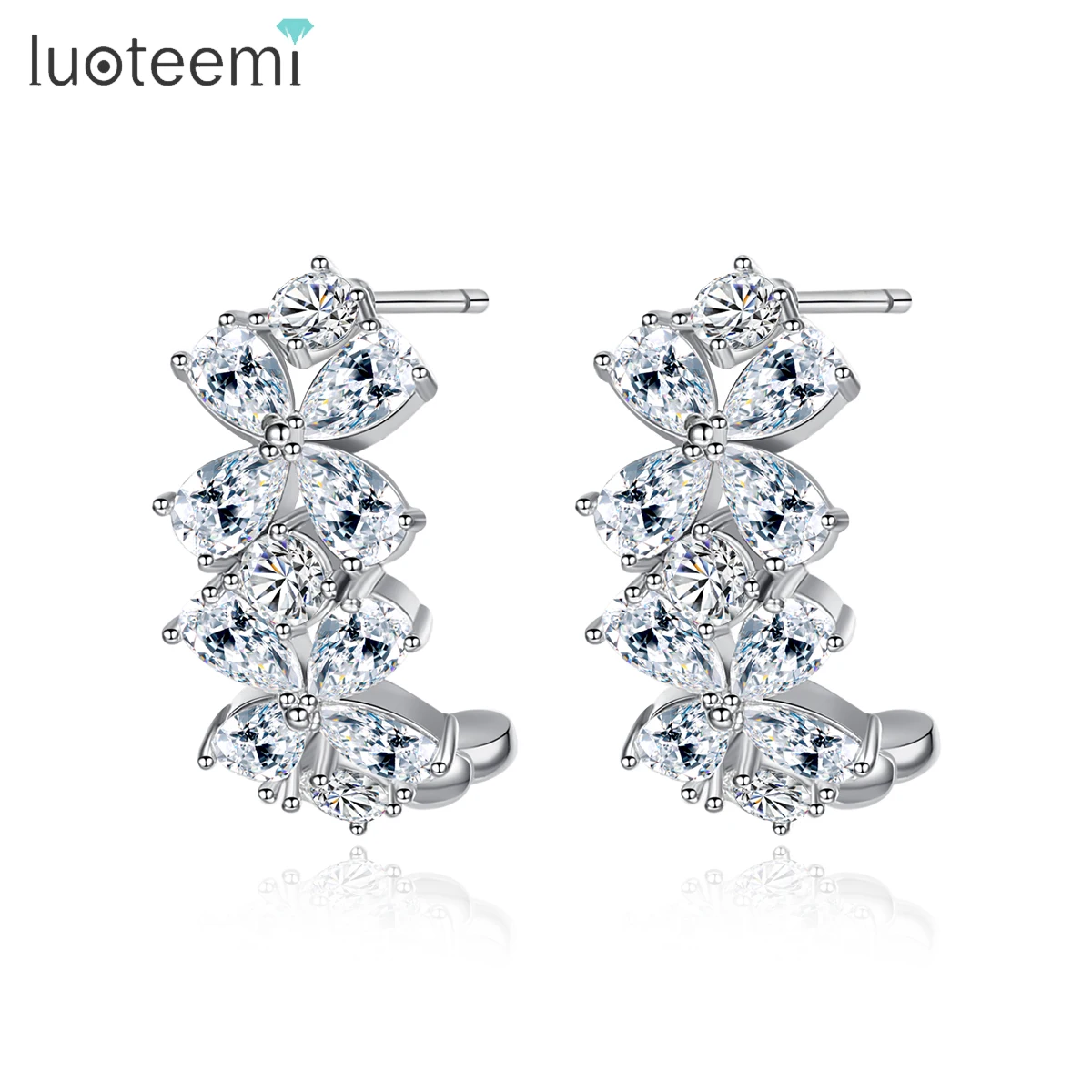 LUOTEEMI Exquisite Semi-annular Hoop Earrings for Women Party Luxury Flower CZ Stone Fashion Gold Color Friend Christmas Gift