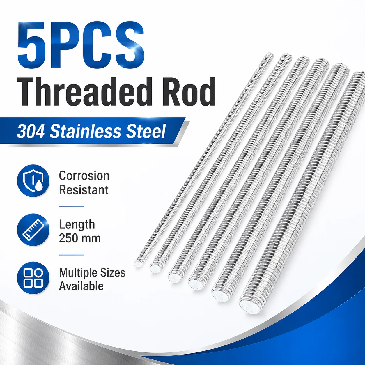 304 Stainless Steel Threaded Rod M2-M6, 250mm Length, All Thread Stud Bar 5pcs