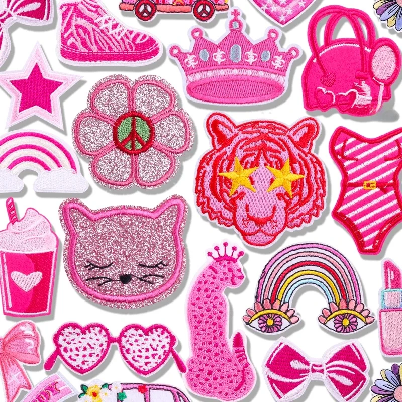 Chapeaux vestes série rose patchs brodés bricolage dessin animé Patch chat léopard fer sur patchs pour vêtements coudre Badges de broderie