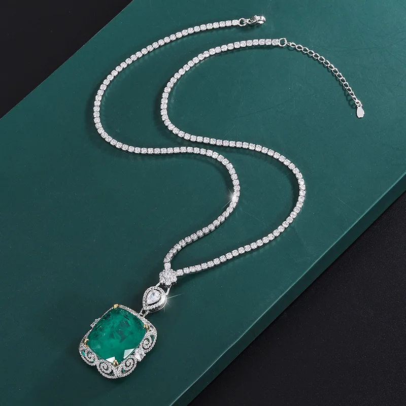 JitDoo Luxury Vintage 20*23mm Emerald Pendant Tennis Chain Necklace for Women Lab Diamond Cocktail Party Fine Jewelry Accessory