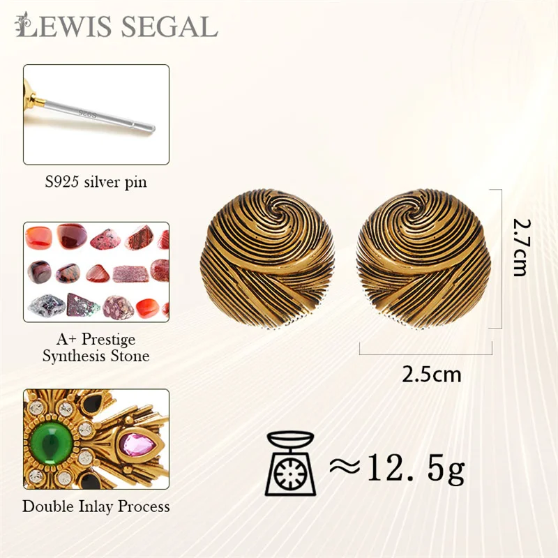 LEWIS SEGAL Silver 925 Earring Pin Round Spiral Stud Earrings 25mm Unisex Middle Ages Studs Gold Color Jewelry Party Accessories