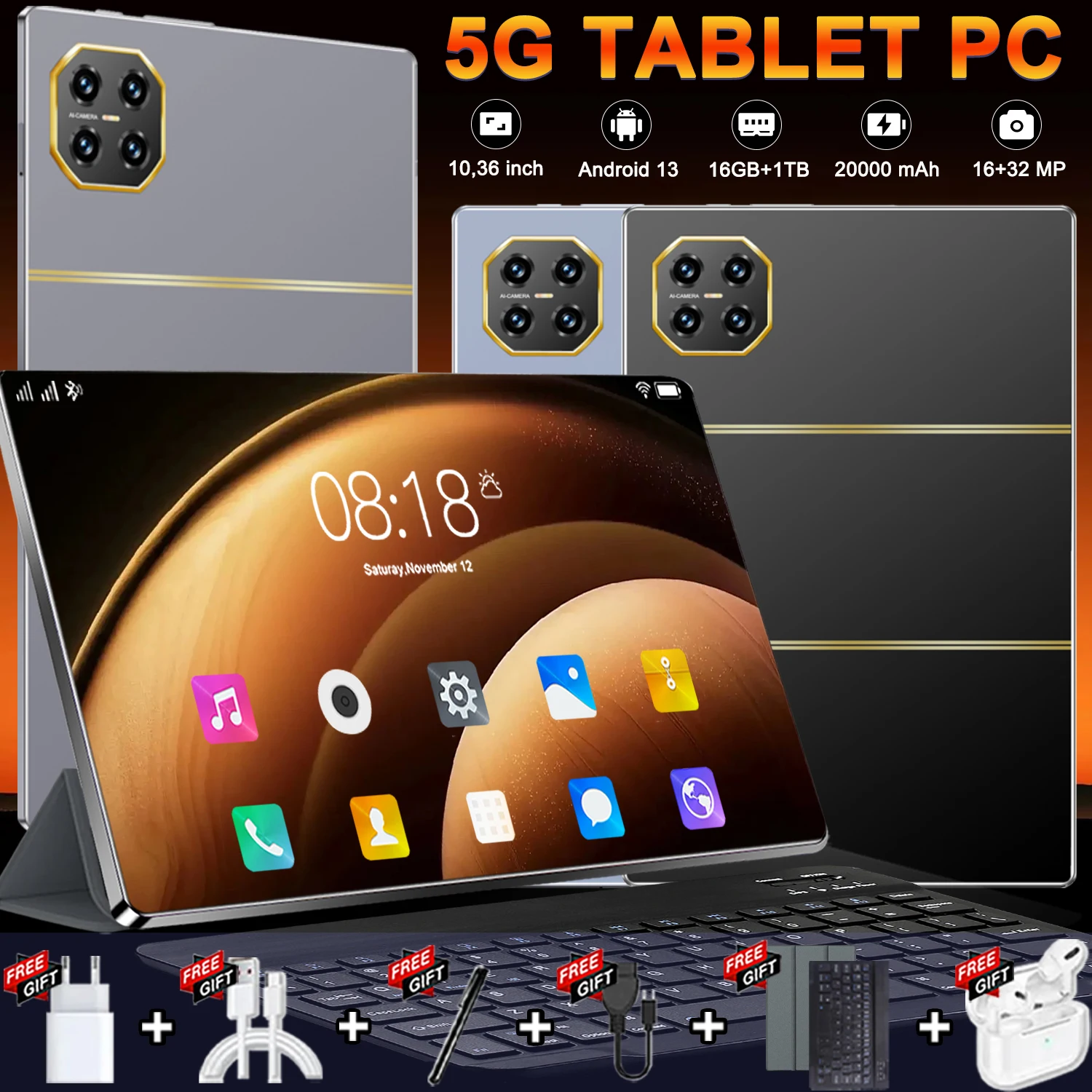 Tablette 2026 toute neuve écran 10,36 pouces système Android 13 version mondiale processeur 14 coeurs haute puissance mémoire 16Go stockage 1To batterie 20000mAh très longue autonomie prise en charge 5G double carte SIM connexion WiFi écran haute définiti