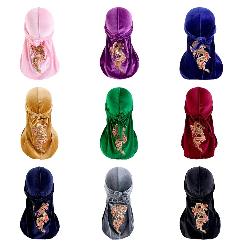 Nowa moda chińska męski wzór smoka aksamitne Durags bandany nakrycia głowy mężczyźni DuRag turban kapelusz z pałąkiem na głowę akcesoria do włosów fale czapka — zdjęcie 2