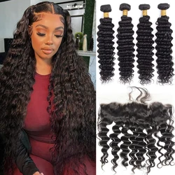 Deep Wave Human Hair Bundles With 13x4 HD Lace Frontal With Extensions Brazilian Weave 3 Bundles With Frontal for Women