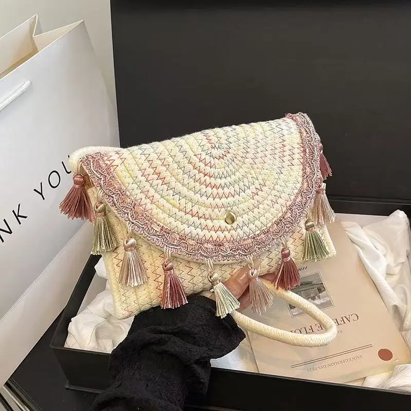 

Golden Trim Handwoven Straw Bag with Colorful Tassels Boho Wicker Purse for Women Fashion Summer Beach Tote Bag Gift
