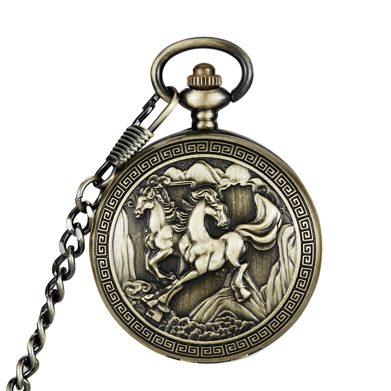 Retro Bronze 3D Horse Face  mechanical Pocket Watch FOB Full Hunter Necklace Pendant Souvenir Birthday Gifts for Men Women Kid