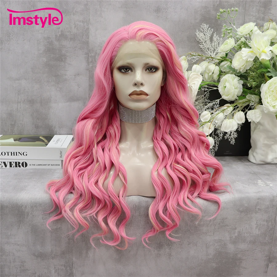 Imstyle Pink Lace Wig Synthetic Lace Front Wig Highlight Blonde Wig Heat Resistant Fiber Wavy Mixed Color Cosplay Wigs For Women