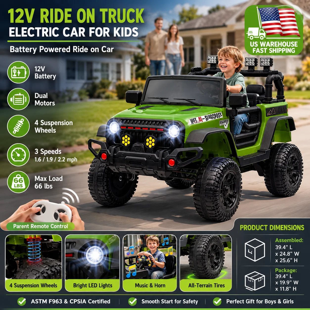 

12V Ride on Car Kids Electric Truck with Parent Remote Control 2 Motors Toy SUV Bluetooth Music LED Wheels Gift for Boy Girl