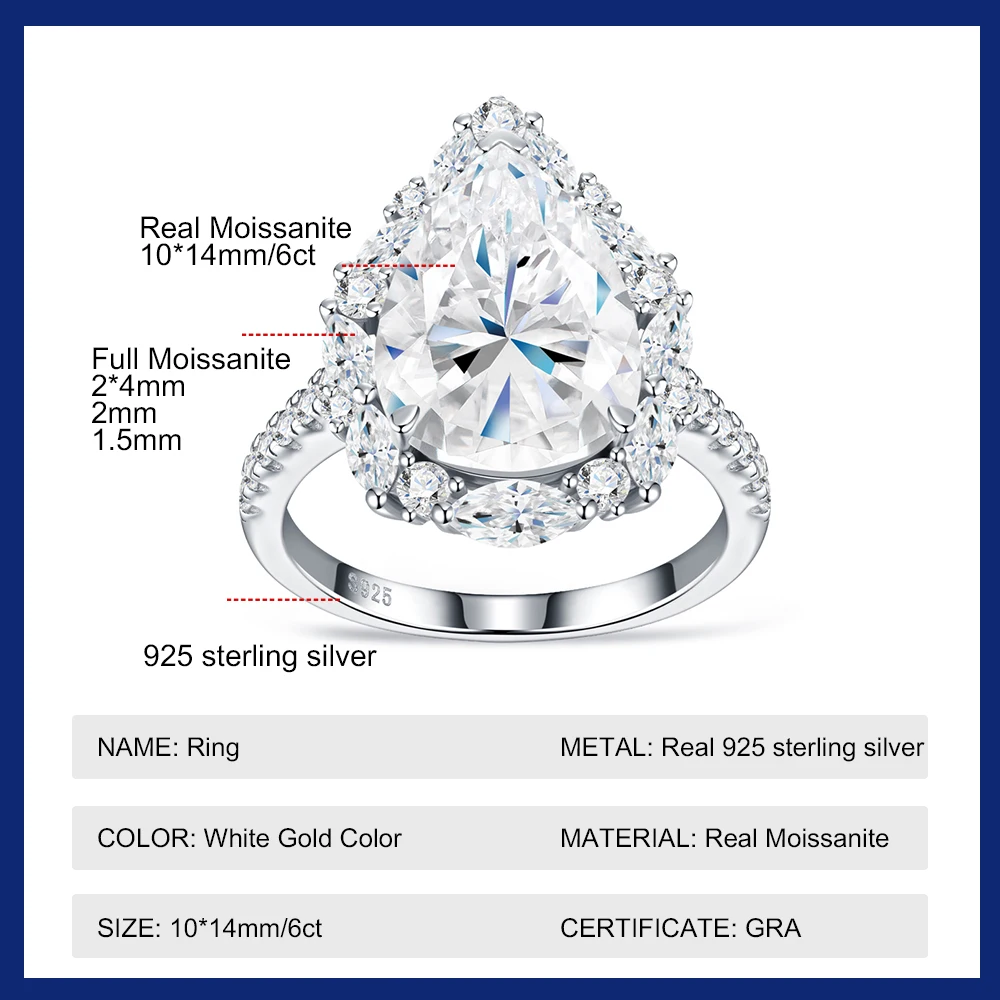2-6CT Pear Cut All Moissanite Ring Certified 925 Sterling Silver Plated 18K D VVS1 Lab Diamond Wedding Engagement Band for Women