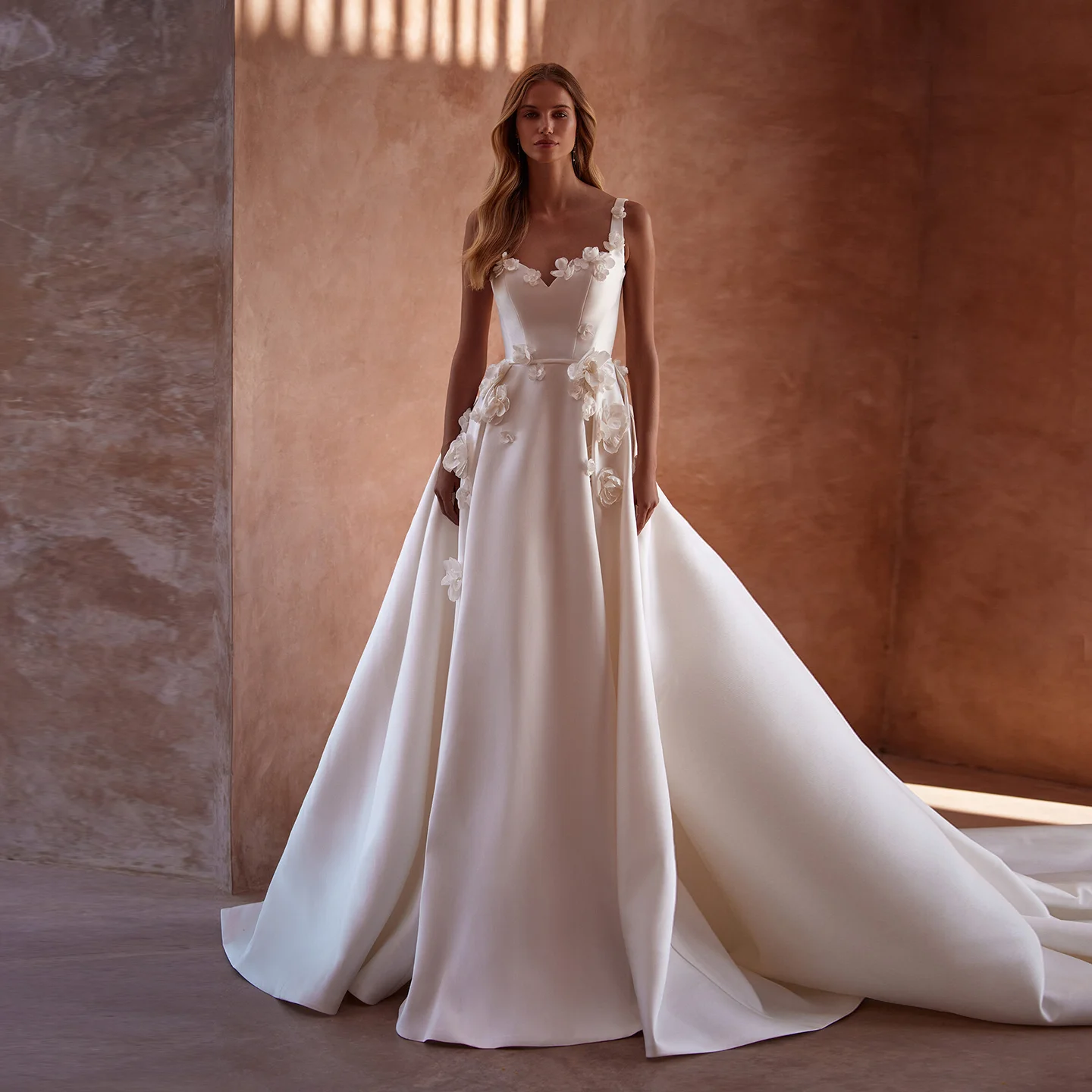 

Sharon Said 2025 Elegant 3D Flowers Sweetheart Satin Wedding Dress Modern A-Line Pearl Chapel Train Bridal Gown SW440 Customized