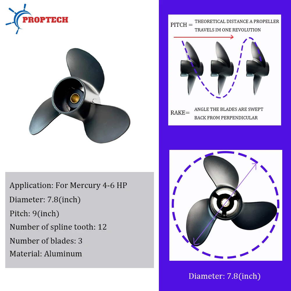 For Tohatsu Mercury 4-6hp 7.8*9 Outboard Propeller Aluminum Alloy Screw 3 Blade Boat Accessory 12 Spline Marine Engine Part