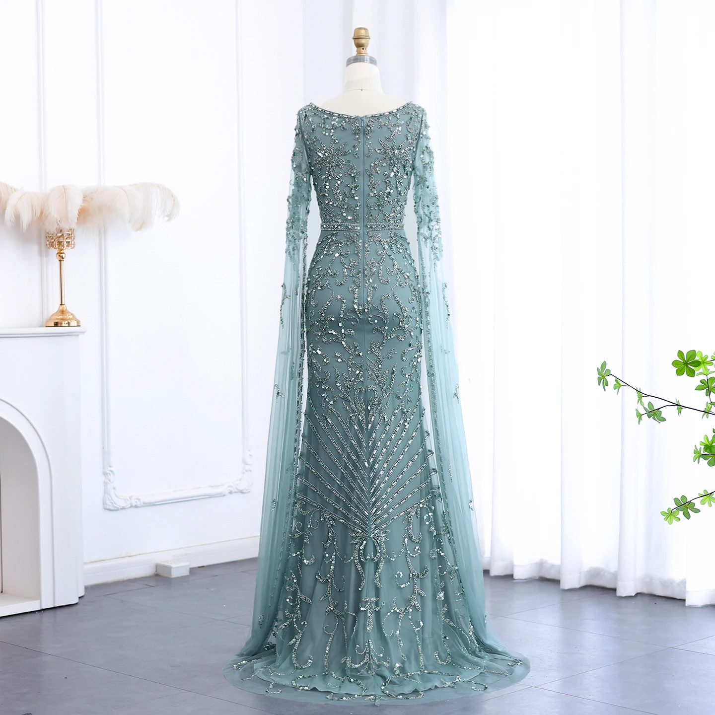 Sharon Said 2026 Luxuriöses Arabisches Türkisfarbenes Abendkleid mit Cape-Ärmeln, Quadratischem Ausschnitt, Arabian Nights Ballkleid SS469 Maßanfertigung – Detail 12