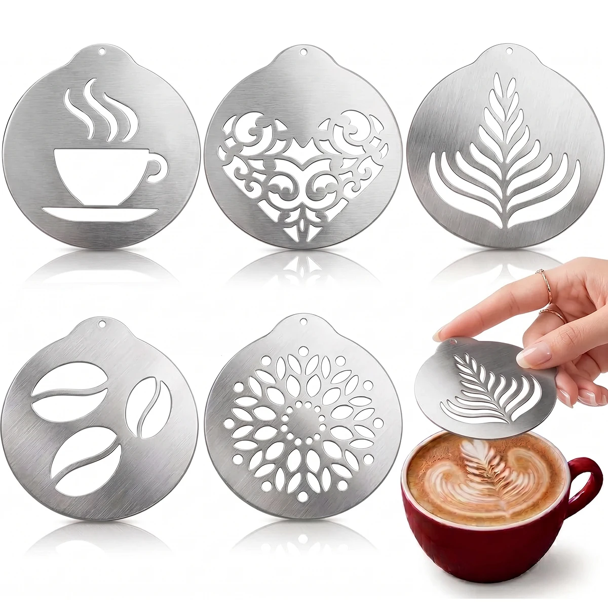 Leeseph 5Pcs Stainless Steel Coffee Decorating Stencils, Foam Latte Art Templates, Cappuccino Chocolate Templates Garland Mould