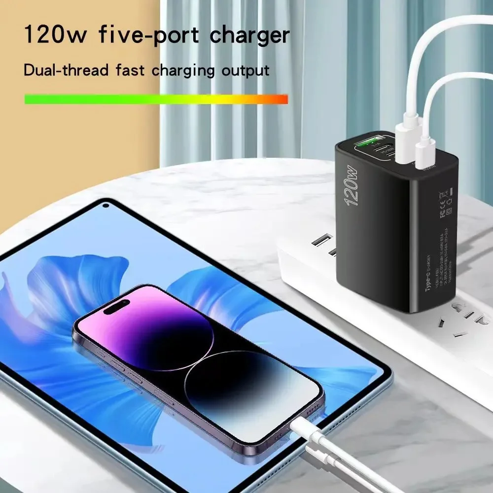 120W 5 Ports Fast Charging Charger USB PD Type C Phone Adapter For iPhone 15 Xiaomi Samsung Quick Charge Multi Port Wall Charger