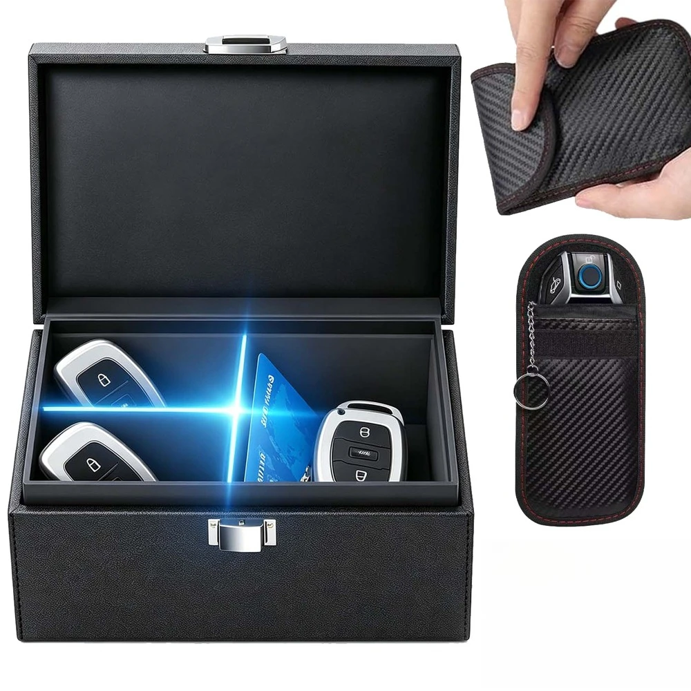 Autoschlüssel-Aufbewahrungsbox mit herausnehmbarem Trennelement, Metall-Diebstahlschutzbox mit Kohlefaser-Etui für Schlüssel, Geldbörsen, Telefone