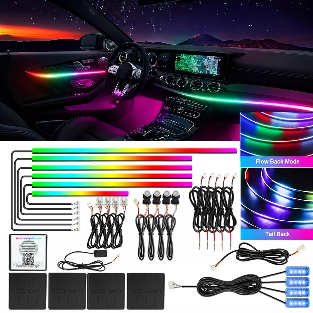18in1 Symphony Car Interior Lights Kit RGB Universal LED Ambient Hidden Acrylic Strip Full Color Streamer Atmosphere Lamp