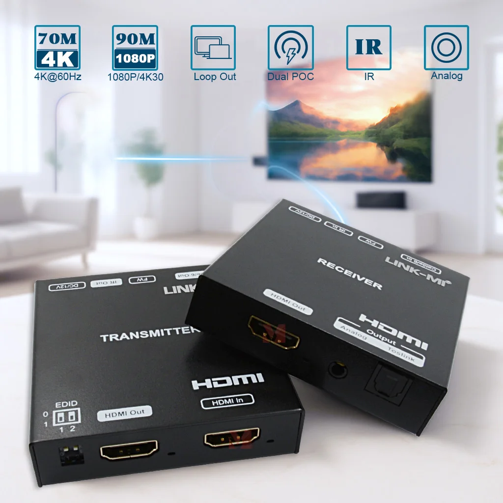 LINK-MI 70M 4K HDMI Extender with Loop out Dual POC HDMI Extender 90M 1080P SPDIF Audio HDMI Extender via RJ45 Ethernet cable
