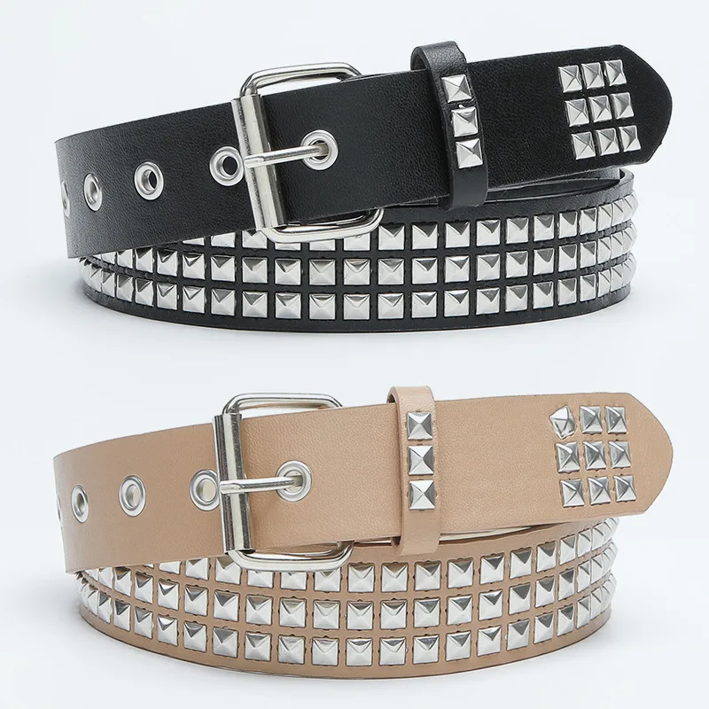 

Fashion Faux Leather Rivet Belt with Metal Needle Buckle Punk Hardware Jeans Belt for Women and Men Designer Belt