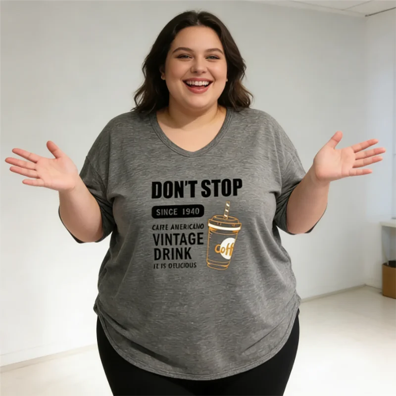 Plus size 40-150kg coffee print oversized t shirt women casual loose u neck short sleeve graphic tee soft summer tops