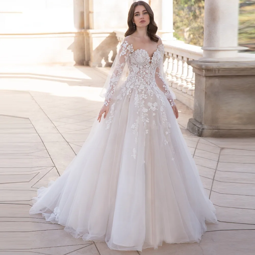 A-Line Wedding Dresses Puffy Sleeves V-neck Appliques Floor Length Bridal Gown Elegant Vestido De Novia