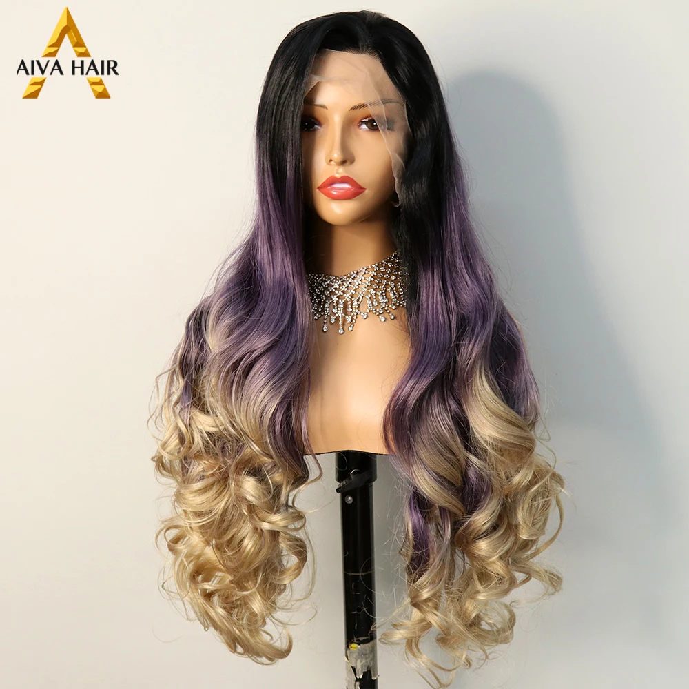 

Ombre Purple Colored High Temperature Fiber 13X4 Synthetic Lace Front Wig Per Plucked Glueless Loose Wave Wigs For Black Women