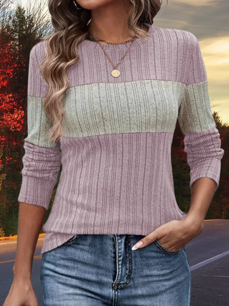 Autumn Women Long Sleeve Patchwork Loose O-Neck Jumper Street Casual Knitted Lady Pullover Female Striped Contrast Color Sweater