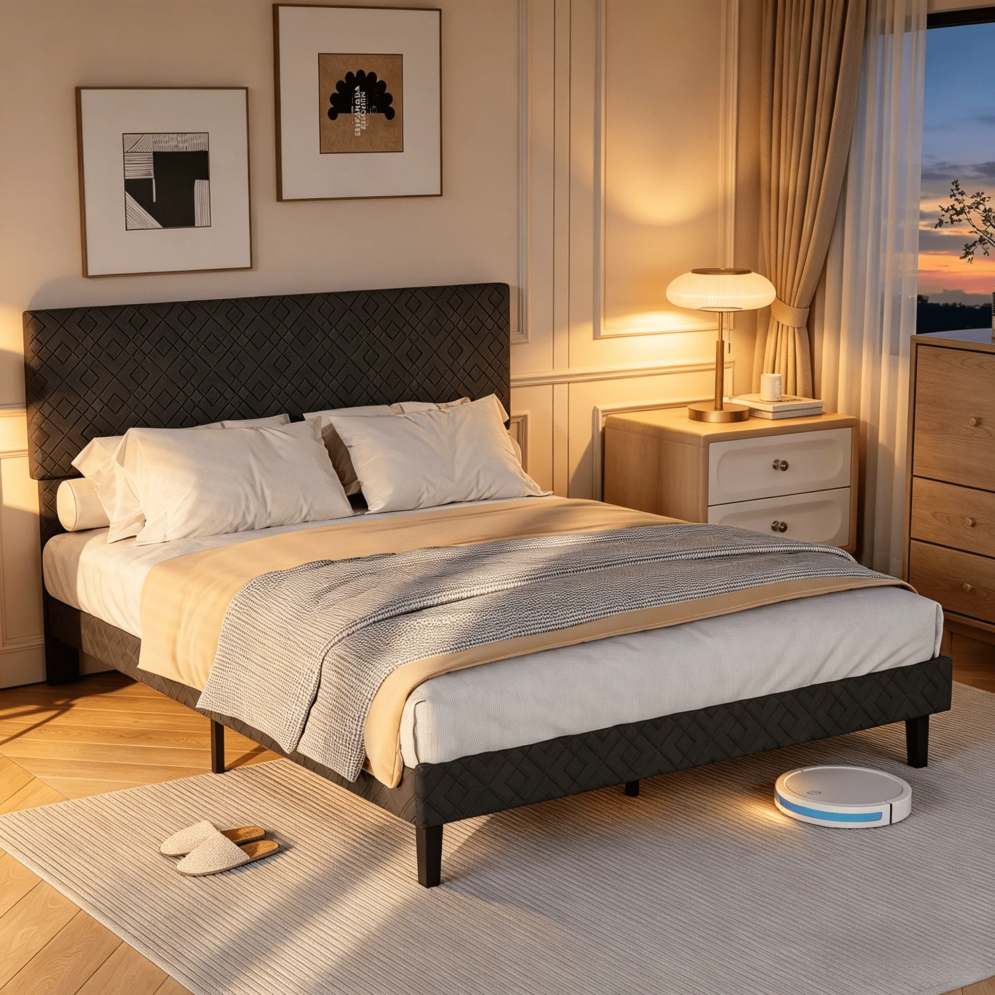 Cama tapizada MINGZHE de 140x200/160x200 cm, cama doble, cama con plataforma y cabecero, estructura de cama resistente y silenciosa, para dormitorio principal y habitación de invitados, sin colchón, lino
