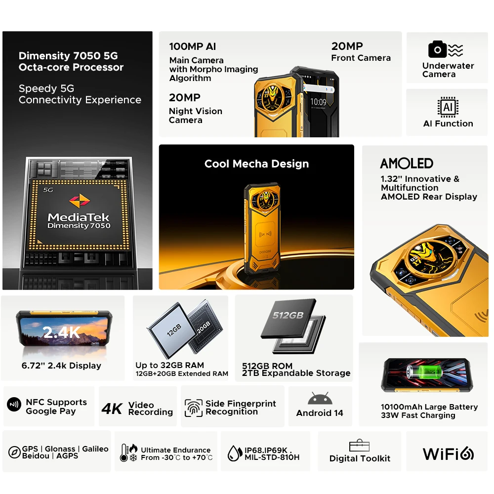 إصدار Globe DOOGEE S200 X 5G هاتف متين 6.72 بوصة الأبعاد 7050 1.32 بوصة شاشة AMOLED خلفية 12 جيجابايت 512 جيجابايت 10100 مللي أمبير في الساعة هاتف بطارية