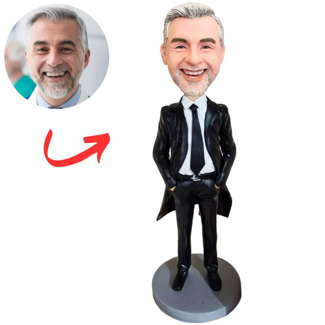 Custom Bobblehead from Photo  - Dressed in Black Suit & Tie, Ideal Gift for Birthday, Anniversary or Office Decoration