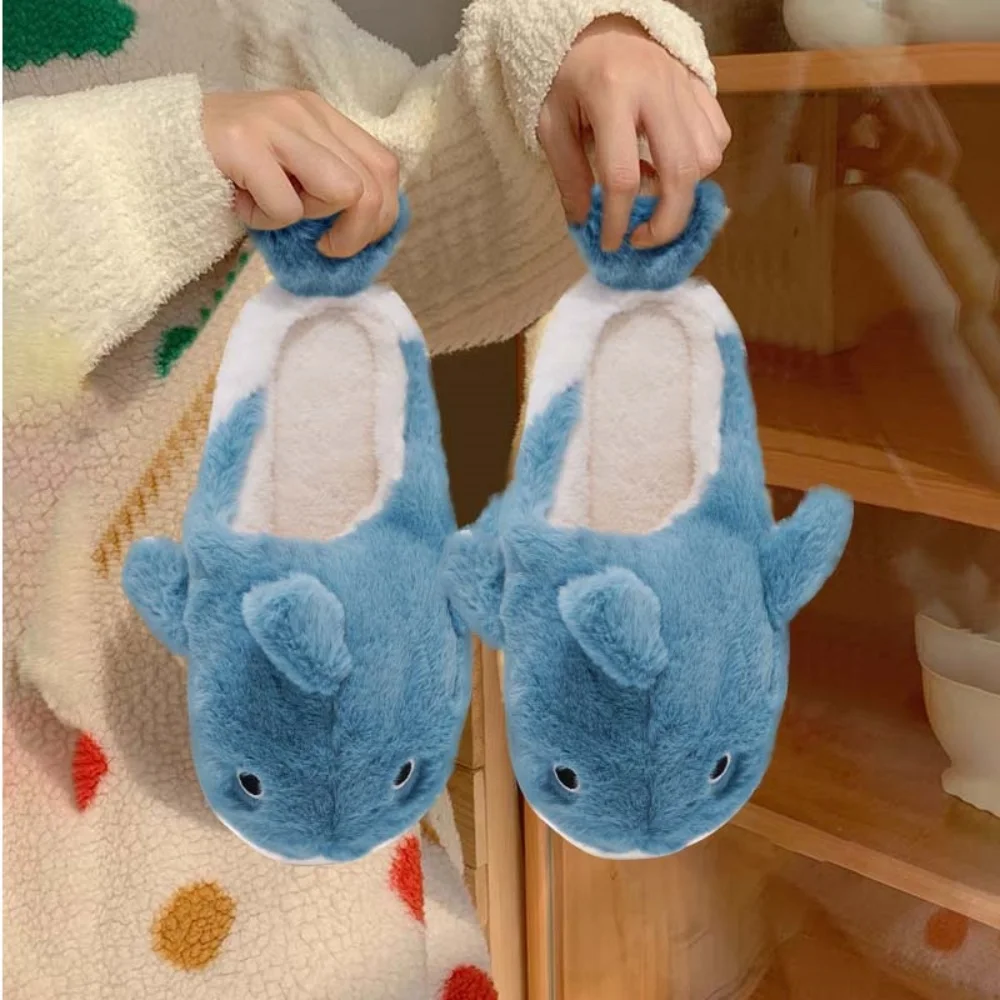 Soft Plush Sharky Slides For Wome&Men,Whale Shark Fuzzy Slippers With Anti-Skid Winter Cute Couple House Slippers Christmas Gift