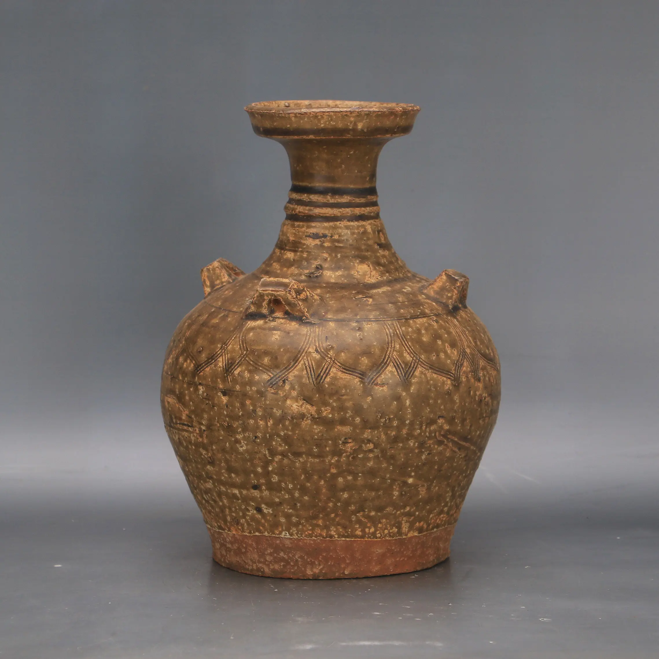 Qin Han Dynasty Yue Ware Celadon Incised Pattern Four Loops Pan Kou Vase Antique Style Home Decor Collectible