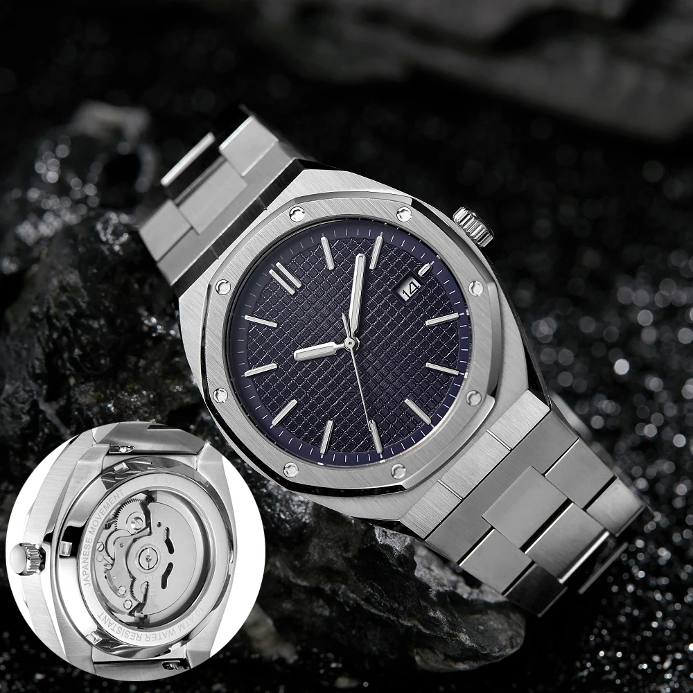 หรูหราสีดําสแตนเลส 5ATM กันน้ํา Japan Movement Men นาฬิกากลไกอัตโนมัติ