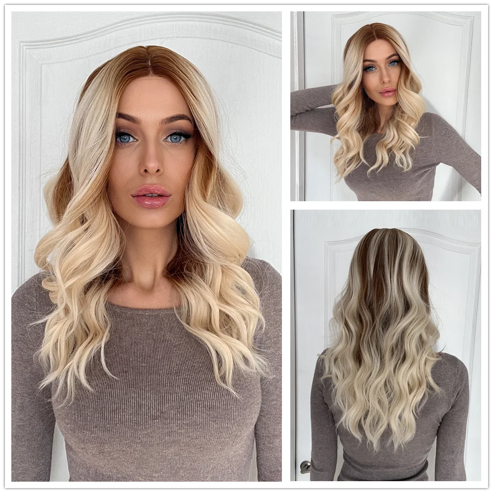 CharmSource Medium Natural Wavy Hair Brown Ombre Blonde Lace Front Synthetic Wigs for White Women Daily Wedding Wig High Density