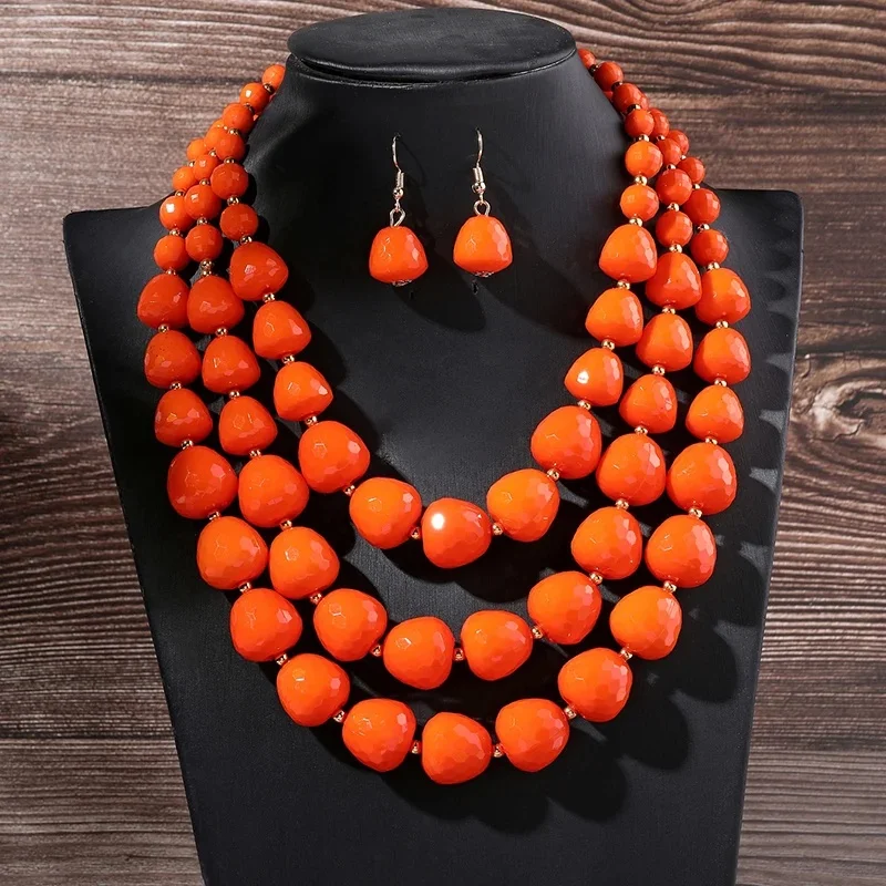 Ensemble de bijoux collier à trois couches, bavoir de fête de mariage, collier de perles, boucles d'oreilles pour femmes, ras du cou, collier africain, ensembles de boucles d'oreilles