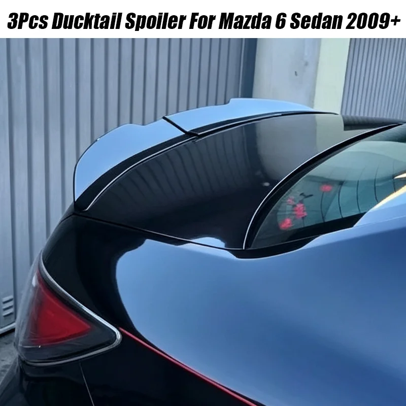 Do samochodu Mazda 6, tylny spojler w kształcie „kaczej ogonki”, przedłużenie, nakładka na klapę bagażnika, 3 sztuki, ABS, czarny, błyszczący.