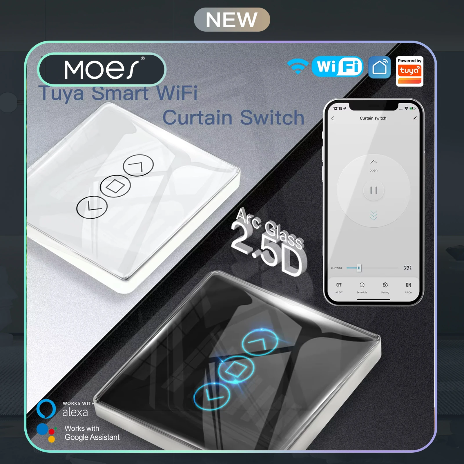 MOES 2.5D Arc WiFi Smart Blind Switch Tuya RF433 Rolladen-Touchpanel aus Glas, kabellose Fernbedienung, Alexa Google Home