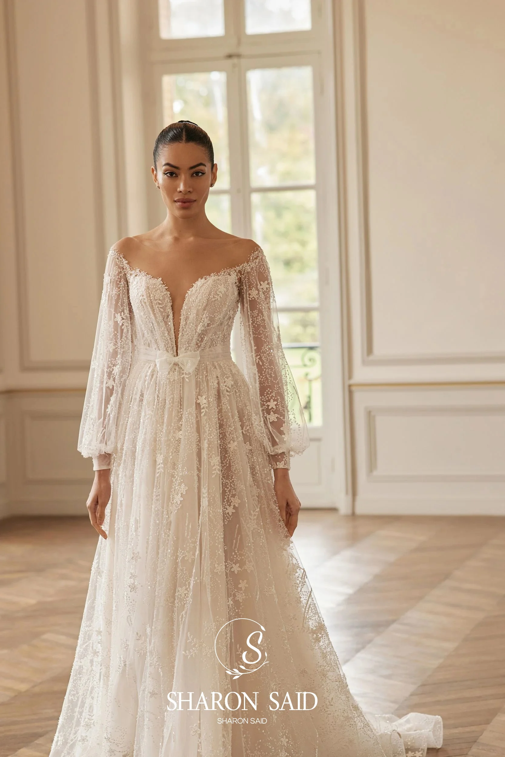 Sharon disse bohemia barco pescoço a linha fora vestido de casamento branco 2025 vintage manga longa varredura trem vestidos de noiva sw509 personalizado