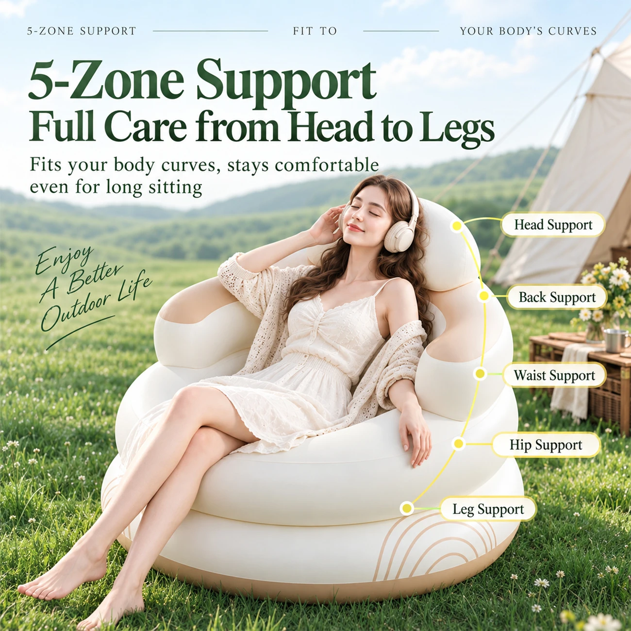 1PC Inflatable Camping Sofa Chair Large Size Outdoor Lounge Chair with Back Support Portable PVC Air Sofa for Garden Beach